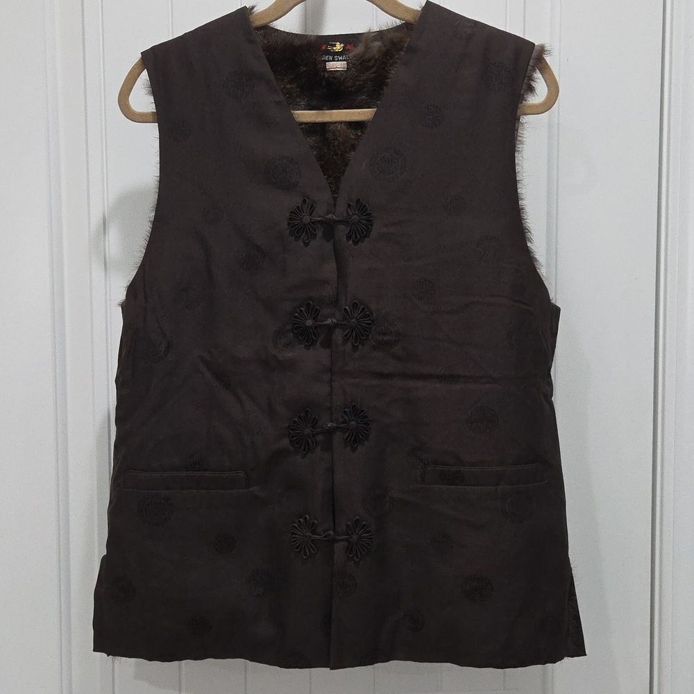 Golden Swallow Mink Fur Lined Amazing Frog Closure Brocade vintage vest,  Med